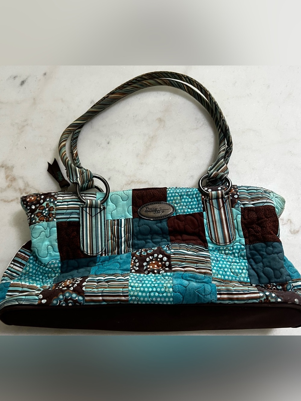 Donna Sharp Quilted Patchwork Shoulder bag Purse Teal Brown Strped